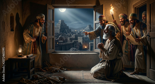 Bible, A dramatic, high-contrast digital painting depicting the moment the conspirators burst into Daniel’s room to find him praying. Daniel remains kneeling, unmoved and calm, 