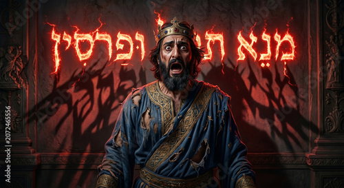Bible, A powerful, high-contrast portrait of Belshazzar standing before the glowing writing on the wall. His royal robes are disheveled, and his expression is a mask of pure, unadulterated fear. 