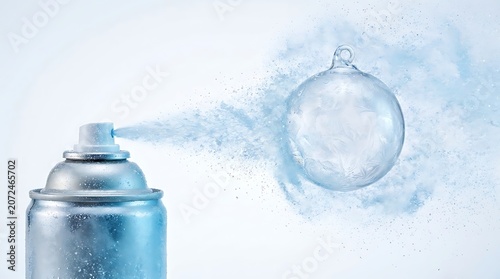 Spray can painting a clear glass ornament with blue mist.