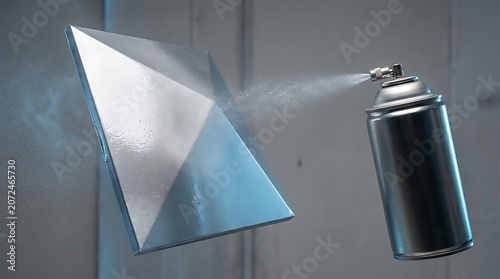 Spray paint can applying a protective coating to a geometric prism.