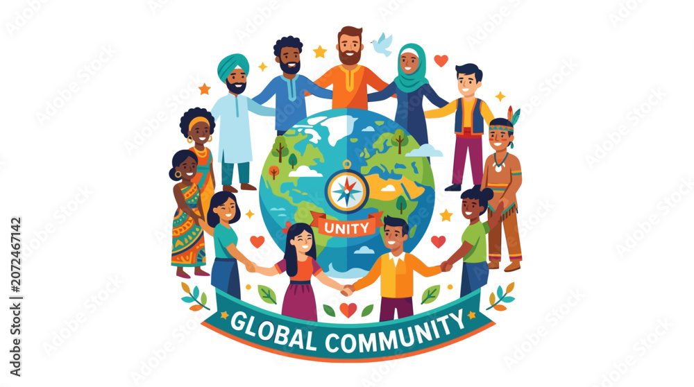 Fototapeta premium Global community, diverse people, earth illustration, vector icon, colorful graphics