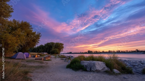 Peaceful Campsite by the River During Sunset with Colorful Sky and Vibrant Clouds