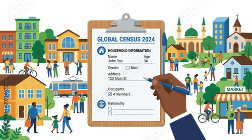 Census, survey, clipboard, cityscape, illustration, global census 2024, vector