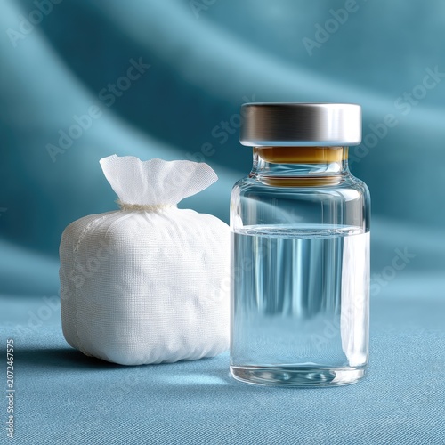 Transparent vial with silver cap and clear liquid beside a white pouch on soft blue fabric backdrop
