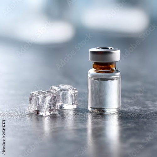 Glass vial with clear liquid and ice cubes on a sleek metallic surface for pharmaceutical or laboratory themes