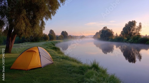Serene Morning Reflection with a Colorful Tent Beside a Tranquil River in Lush Greenery