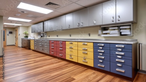 Modern Medical Facility Interior with Organized Cabinets and Clean Wooden Flooring