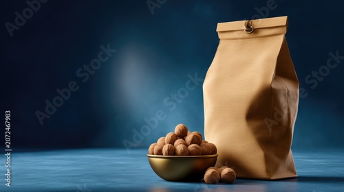 Brown Paper Bag Filled with Delicious Round Snacks and a Bowl on a Blue Background