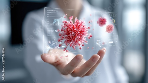 Digital visualization of virus with human hand, showcasing technology and health innovation in modern science and medicine