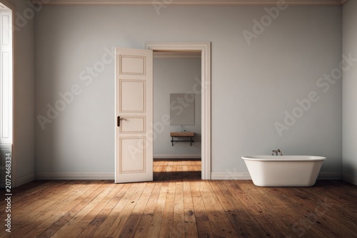 Interior scene shows a light-filled room with an open door revealing a modern bathroom.
