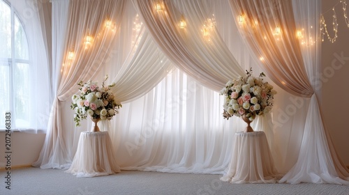 Elegant Wedding Background with Decorative Drapes and Flower Arrangements for Romantic Events and Celebrations