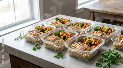 Meal Prep Paradise: A spread of healthy, portion-controlled meals in clear containers, featuring grilled chicken, quinoa, and colorful roasted vegetables.