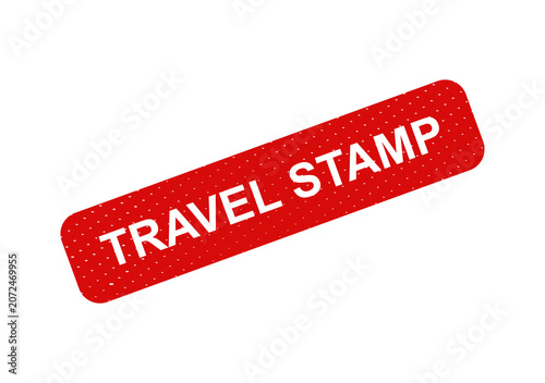 Red travel stamp badge with white text isolated on transparent background