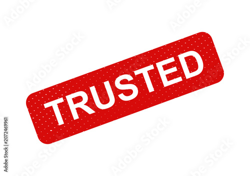 Red trusted stamp badge with white text isolated on transparent background