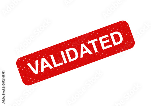 Red validated stamp with white text isolated on transparent background
