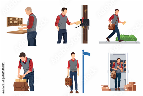 Fotografi Postman character set in various poses, delivering letters, sorting mail, and carrying packages, professional postal service worker vector illustration