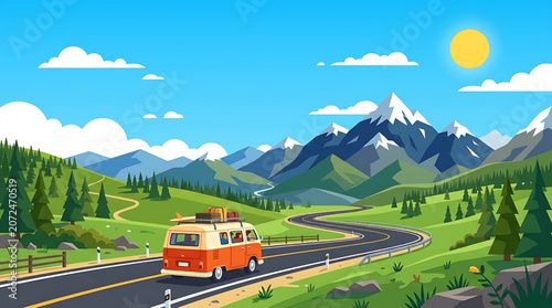 A retro camper van on a scenic desert road trip, traversing winding roads. Majestic rock formations and iconic cacti under a clear blue sky capture the spirit of adventure and freedom