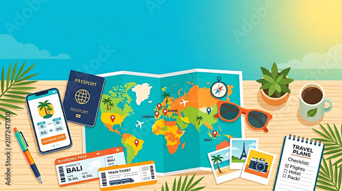 Flat Lay Illustration of Travel Planning Essentials with World Map, Passport, Plane Tickets, and Vacation Accessories on Wooden Table