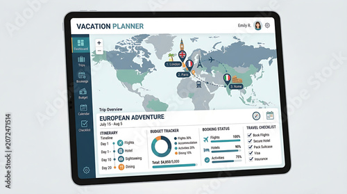 Digital Vacation Planner App for European Adventure Trip Planning and Travel Itinerary Organization on a Tablet Device