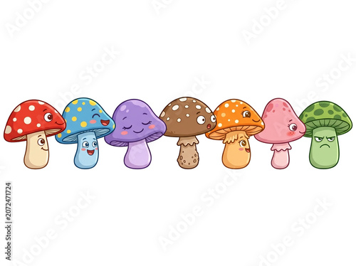 A collection of cute colorful cartoon mushrooms with diverse expressions and vibrant patterns standing in a row on a white background creating a whimsical and playful set of friendly forest fungi char