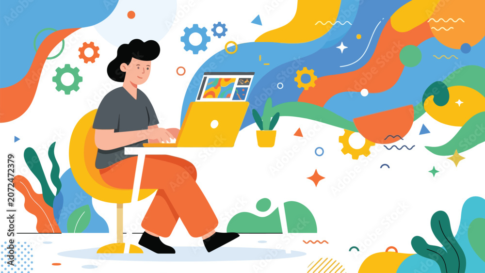 Obraz premium Young designer working on laptop in colorful abstract workspace.