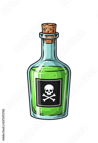 Glass bottle with green liquid and skull poison symbol, representing danger and toxicity