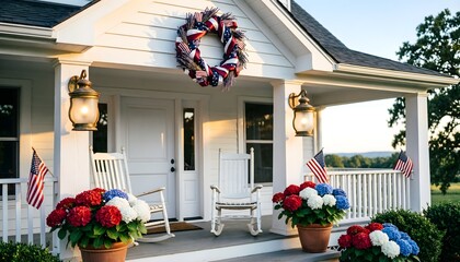 Premium Real Estate Background Of A Farmhouse Front Porch On Fourth Of July