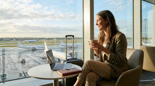 Businesswoman savoring coffee while working on her laptop in an airport lounge with planes visible in the background