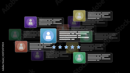 Customer Review Grid: An abstract visualization of customer feedback, showcasing profiles, text reviews, and star ratings on a dark background, representing user experience and opinions.