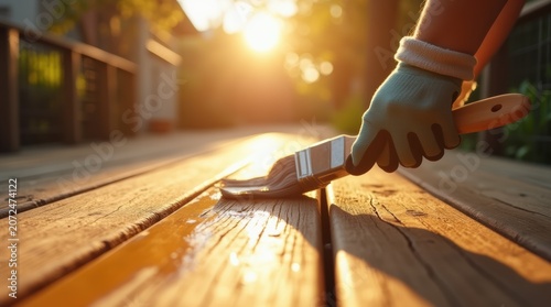 Person Applying Wood Stain On Outdoor Deck During Sunset.