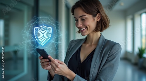 Businesswoman Using Smartphone With Digital Fingerprint Security.