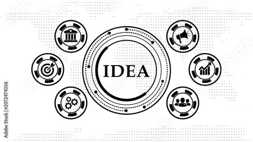 Animated idea concept with business icons and spinning circles.