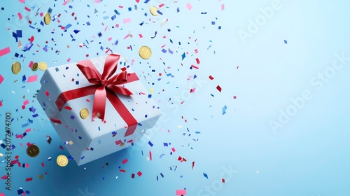 White gift box with red ribbon and confetti on light blue background.