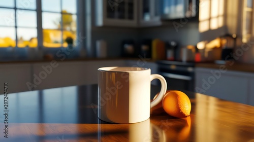 Sunlit kitchen table with a white mug and lemons.