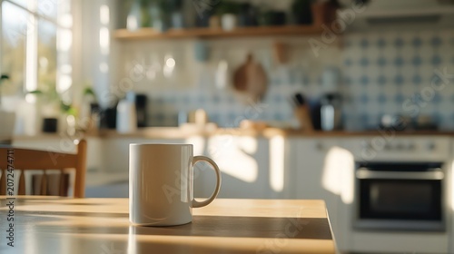 White mug on wooden kitchen table in sunlit room.