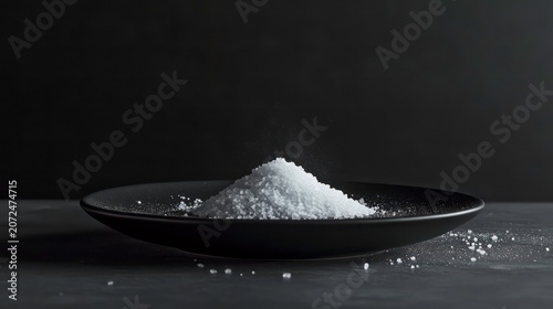 Close-up of a small pile of white salt crystals on a black plate against a dark background.