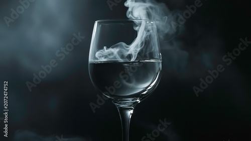 Wine glass with smoke rising from its liquid, dark background.