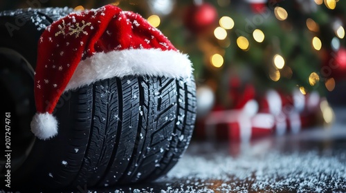 Winter tire with Santa hat near a decorated Christmas tree.