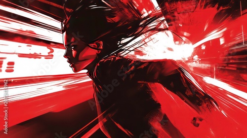 Woman running through red city streets at night, dynamic motion blur.