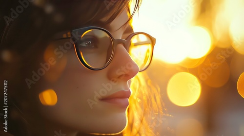 Woman in glasses, profile view, sunset bokeh background.