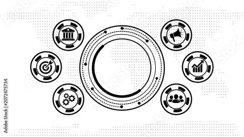 Clean, minimalistic digital data visualization with business icons in motion.