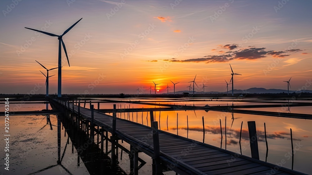 Obraz premium Windmills silhouette at sunset over salt evaporation ponds.