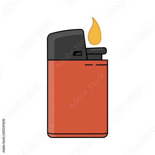 Red lighter with flame, flat vector illustration