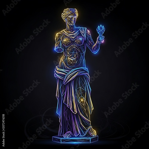 Blue glowing skeleton statue in dark background.