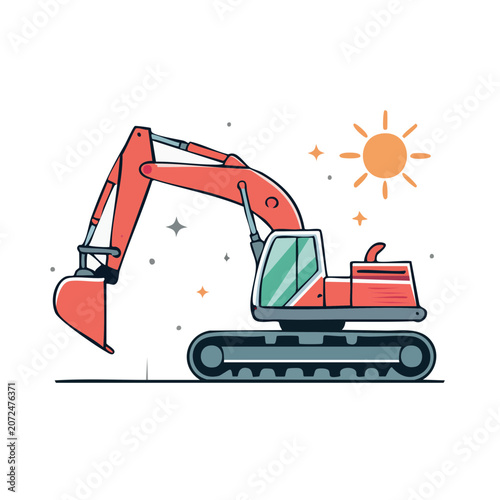 Red Excavator Flat Vector Illustration