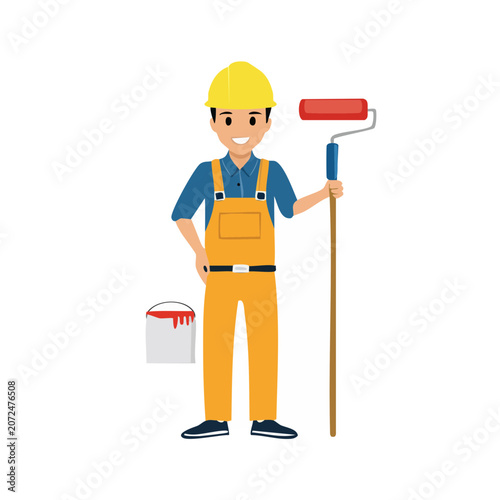 Cartoon painter with paint roller and bucket