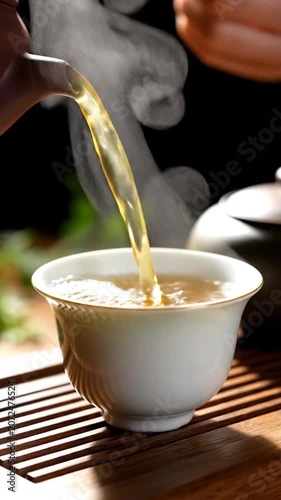Warm tea flows gracefully into a porcelain cup as steam rises