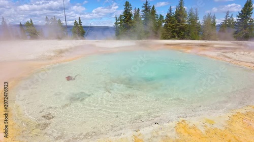 Steaming geothermal features line the shore of Yellowstone Lake in Yellowstone National Park