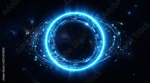 Radiant Neon Blue Circular Portal with Orbiting Light Effects on Dark Futuristic Background
