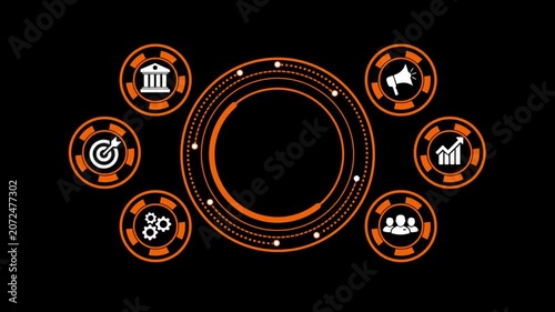 Abstract digital infographic HUD elements arranged around center.